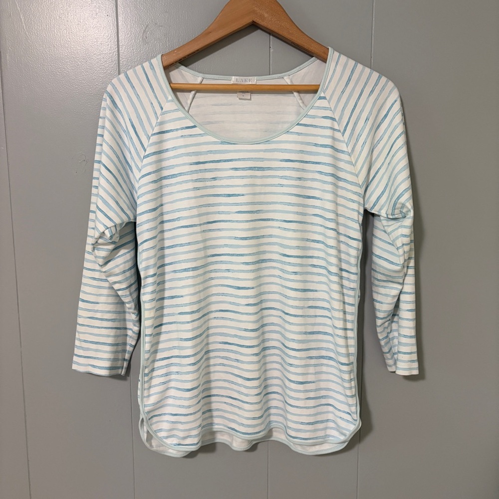Lake Pima Pajama Shirt Long Sleeve Blue White Striped Watercolor Size Medium